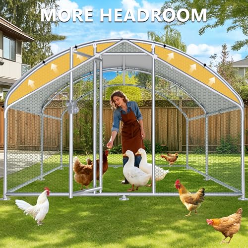 HITTITE Large Metal Chicken Coop with Run, 12.8 x 9.84 x 6.23 ft Walk in Poultry Cage Chicken Run Pen, Dome Roof Outdoor Chicken Runs for Yard with Waterproof & Anti-UV Cover - size: 153.6"L x 118.0"W x 74.7"H
