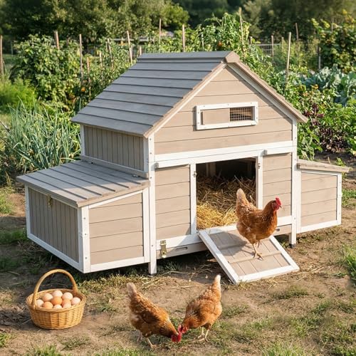Large Chicken Coop Chicken House Outdoor with 6 Nesting Boxes & Pull-Out Tray for 4-6 Chickens, Wooden Backyard Hen House Poultry Cage with Weatherproof Openable Roof, 3 Perches, Expandable Run - color: 61"L x 33.5"W Grey