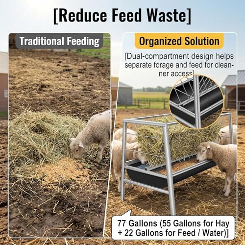 77 Gallon Hay Feeder, Stainless Steel Goat Feeder for Goats Sheep Calves and Horses, Anti-Waste Goat Feeder with Rubber Trough Livestock Feeder