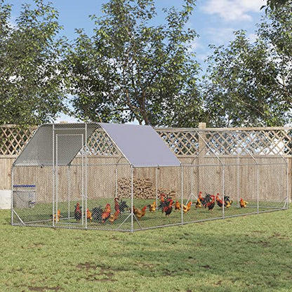 PawHut Large Chicken Coop Metal Chicken Run with Waterproof and Anti-UV Cover, Flat Shaped Walk in Fence Cage Hen House for Outdoor and Yard Farm Use, 1" Tube Diameter, 9.2' x 24.9' x 6.4' - size: 299.2"L x 110.2"W x 76.8"H