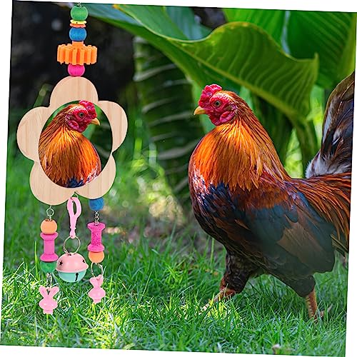 Creative Wooden Chicken Hanging Mirror Toy Bell Interactive Rooster and Hen Plaything for Pet Birds for Coop Enrichment and Entertainment
