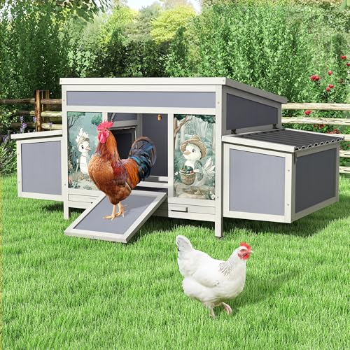 COZIWOW Chicken Coop with Nesting Boxes, 59'' Large Outdoor Poultry Hutch with 2 Perches, Weatherproof Wooden Hen House with Pull-Out Tray, Chicken Cage for Ducks & Rabbits, Gray