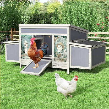COZIWOW Chicken Coop with Nesting Boxes, 59'' Large Outdoor Poultry Hutch with 2 Perches, Weatherproof Wooden Hen House with Pull-Out Tray, Chicken Cage for Ducks & Rabbits, Gray