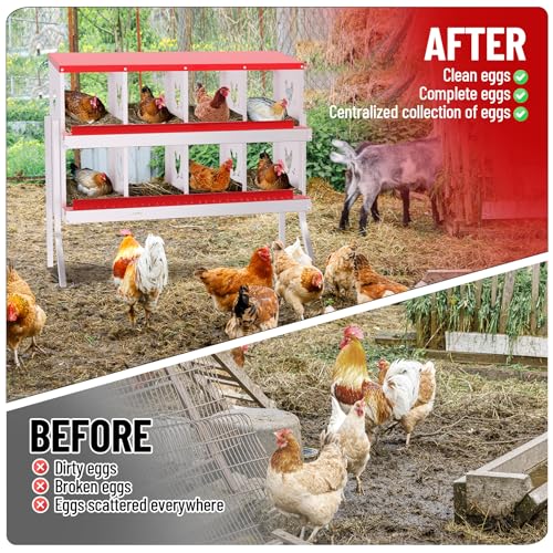 Chicken Nesting Box,8 Holes Galvanized Steel Metal Chicken Laying Box with Automatic Roll-Away Egg Collection System & Removable Tray,Wall Mount Nesting Boxes - color: Red, size: 8 Holes with Legs