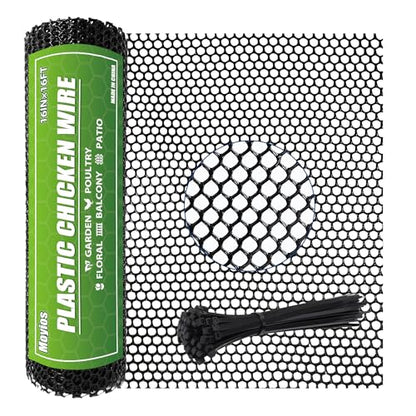 Heavy-Duty Black Plastic Chicken Wire Mesh, 16in x 16.4ft Plastic Mesh Roll with 30 Zip Ties for Poultry Coop, Rabbit Run, Plant Support, Garden Fencing and Balcony Barrier - color: 16ft Black