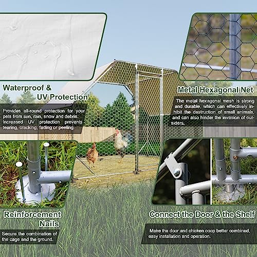 CHIKENCOOP 9.8x6.5x6.5 ft Metal Chicken Coop, Chicken Run with Cover | Walk-in chicken run with a trapezoid-style roof, water-resistant PE cover, galvanized steel frame, and lockable door. - size: 118.0"L x 80.0"W x 79.0"H
