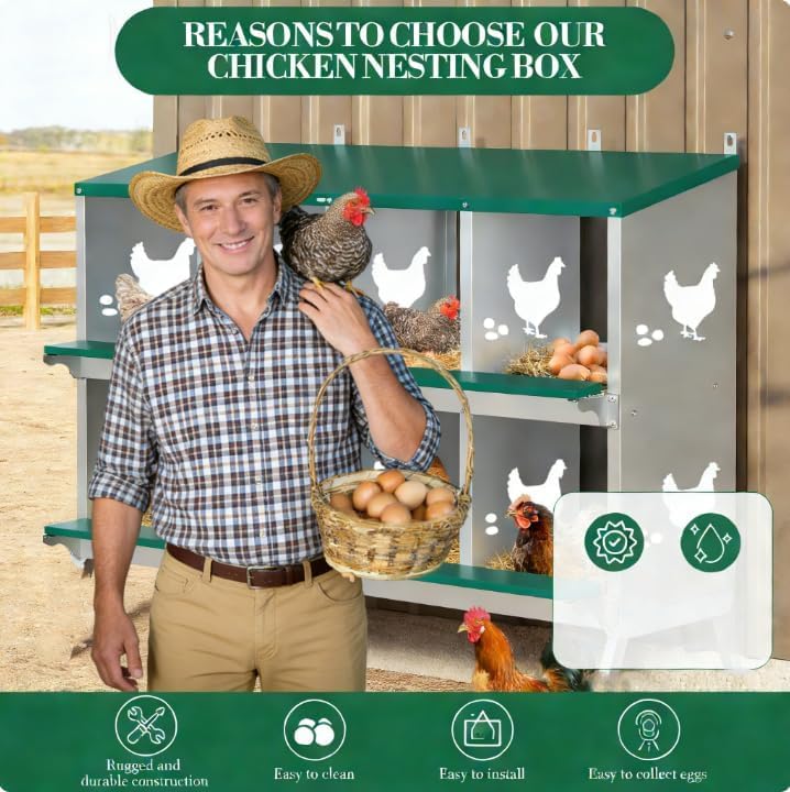 Garvee Large Metal Chicken Nesting Boxes for Hens, 8 Compartment Galvanized Steel Nesting Box, Includes 4 Fake Eggs & 10 Soft Nest Pads Pads, Wall Mount or Freestanding for Coop & Farm - style: 8 Holes