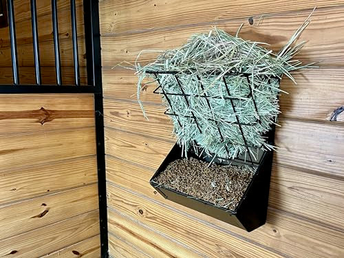 Wall Mount Hay and Grain Feeder for Horses, Ponies, Sheep, Goats and Minature Horses, Heavy Duty Steel Construction, Black, Made in USA
