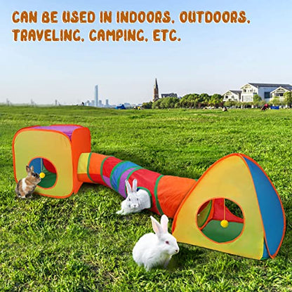 YUEPET Rabbit Tunnel and Cube Collapsible Tent Bunny Interactive Crinkle Tunnel Toys Small Animal Hideout with Play Ball for Dwarf Rabbit Bunny Guinea Pig (Rainbow) - color: Rainbow
