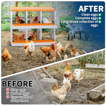 Chicken Nesting Box, 6 Compartment Galvanized Steel Chicken Laying Boxes, Heavy Duty Rustproof Chicken Coop with Easy Egg Collection for Backyard Farms - Wall Mountable, Orange