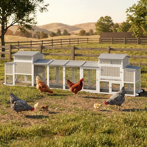 Large Chicken Coop with Run for 6-12 Chickens, Mobile Outdoor Hen House Chicken Tractor with Full Asphalt Roof, Wheels, Wooden Poultry Cage with 4 Nesting Box, Pull-Out Tray & Fun Swing - color: Grey