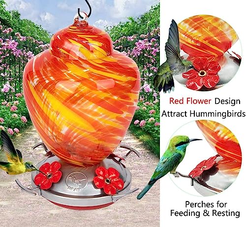 REZIPO Hummingbird Feeder with Perch - Hand Blown Glass - 38 Fluid Ounces Hummingbird Nectar Capacity Include Hanging Wires and Moat Hook (Yellow) - color: Yellow