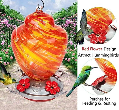 REZIPO Hummingbird Feeder with Perch - Hand Blown Glass - 38 Fluid Ounces Hummingbird Nectar Capacity Include Hanging Wires and Moat Hook (Yellow) - color: Yellow
