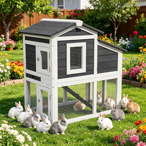 Wooden Rabbit Hutch Indoor,2 Story Bunny House All Weather Use Chicken Duck Coop Small Animal Run Cage with Removable Tray Wire Fence Lockable Doors and Ramp (White) - color: White