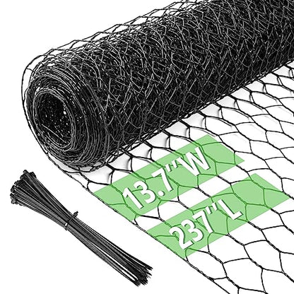Chicken Wire 13.7 in x 237 in Poultry Wire Netting Hexagonal Galvanized Mesh Garden Fence Barrier for Pet Rabbit Chicken Fencing with 100 Pcs Cable Zip Ties(PVC-Coated) - color: Black, size: 13.7"x237"+100Ties