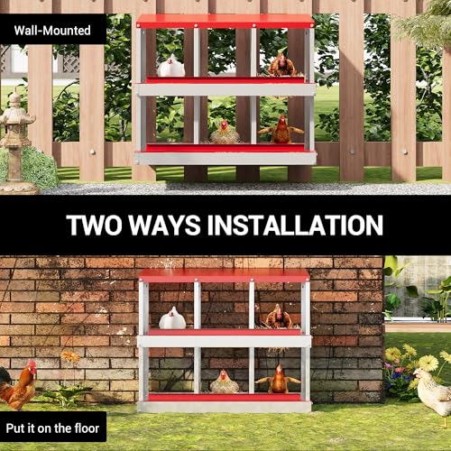 Chicken Nesting Box, 6 Compartment Metal Chicken Nesting Boxes for Chicken Coop, Large Vented Holes Chicken Laying Boxes with Rollout Egg Collection, Wall Mount Chickens Coops - color: Red, size: 6 Holes
