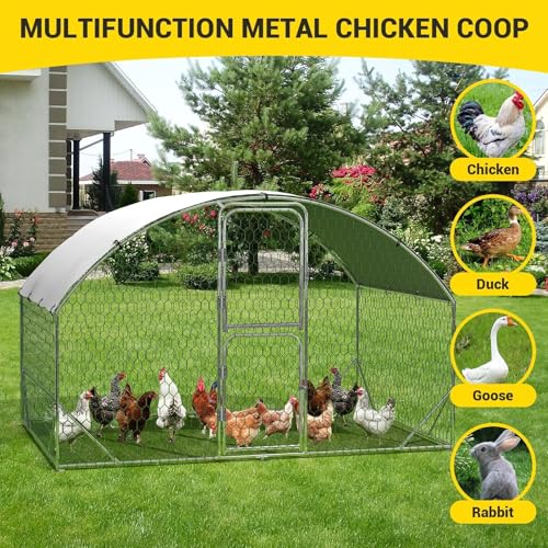 Large Metal Chicken Coop, Walk-in Poultry Cage, Large Chicken Run with Waterproof & Anti-UV Cover, Chicken Pen with Double Lockable Doors for Outdoor, 9.8x6.5x6.6FT - size: 9.8' W x 6.5' L x 6.5' H