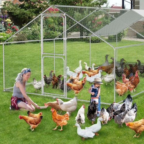 Walk in Chicken Run Cage Coop, Galvanised Steel En Poultry House Dog Pen House Cage Rabbit Hutch Pet Playpen Garden with Waterproof Cover for Backyards, Farms - size: 9.8'Wx 19.7'Dx6.6'H