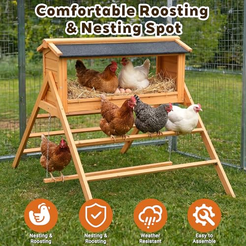 37.4" L×57" W Wooden Chicken Nesting Box with Waterproof Asphalt Roof, 3-in-1 Design with Perch & Hanging Swing, Elevated Indoor Outdoor Egg Laying Box for Laying Hens & Poultry