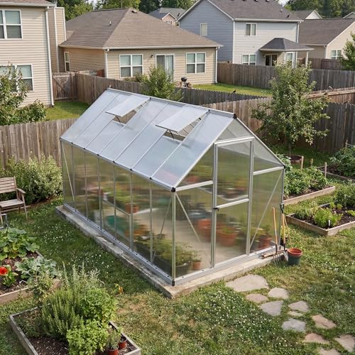 Palram - Canopia 6x14 Greenhouse Kit, Hobby Walk-In Twin-Wall UV Polycarbonate Heavy Duty Aluminum Frame, Lockable Door, Adjustable Roof Vent, Rain Gutters, Galvanized Steel Base, Mythos (Gray) - color: Silver, size: 6 Ft. x 14 Ft.