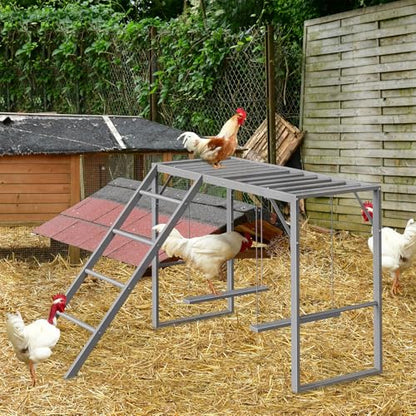 Chicken Perch Swing, Chicken Roosting Bars with Ladder for Coop, Metal Pet Swing Set for Pet's Healthy & Happy for 8-10 Chick, Grey
