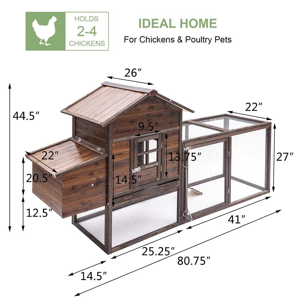 Wooden Chicken Coop, 80IN Outdoor Chicken Cages and Run with Nesting Boxes for 2-4 Chickens, Hen Run Poultry Pet House Rabbit Hutch with Waterproof Roof & Removable Tray for Backyard Poultry (ONE) - size: ONE