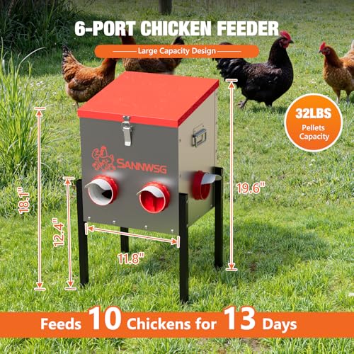 Sannwsg Chicken Feeders,30 lb Capacity 6 Port Automatic Chicken Feeder, Metal Chick Feeder with Locking Lid and Legs, Chicken Feeder for Chickens, Ducks, Geese - size: 6 Ports (2+2+2)