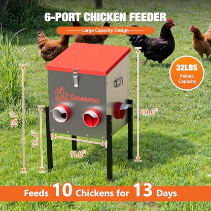 Sannwsg Chicken Feeders,30 lb Capacity 6 Port Automatic Chicken Feeder, Metal Chick Feeder with Locking Lid and Legs, Chicken Feeder for Chickens, Ducks, Geese - size: 6 Ports (2+2+2)