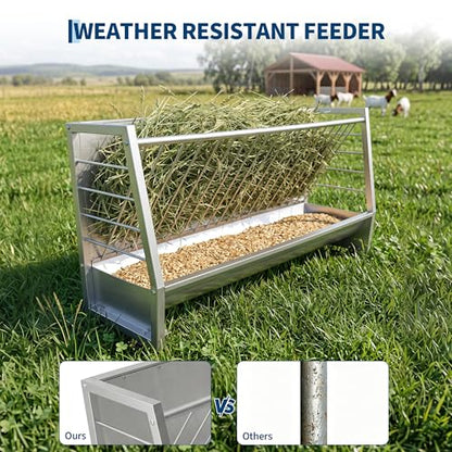 Garvee 5 ft Pasture Hay Feeder, Heavy Duty Galvanized Steel 2-in-1 Hay & Grain Feeder, 60 Gallon Large Capacity, Outdoor Livestock Feeder for Goats, Sheep, Pony & Miniature Horses
