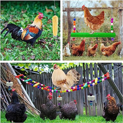 12PCS Longer Chain Chicken Toys for Coop Accessories,Xylophone Swing Flexible Ladder String Bag Vegetable Fruits Skewer Mirror Grinding Stone Pecking for Hens Bird Parrot