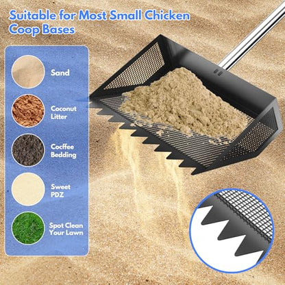 VEEMI Chicken Poop Scooper Rake 2-in-1,304 Stainless Steel Shovel Head, Chicken Litter Scoop with Handle for Chicken Coop for Sand, Pet Waste Cleaning, Litter Sifting Shovel (35 to 65")