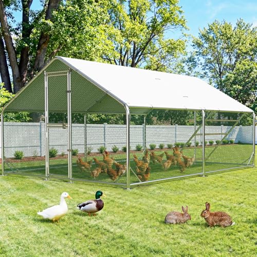 Large Chicken Coop,Metal Chicken Run for Yard with Feeding Door, 13x10x6.6FT Walk-in Chicken Pen for 10-20 Chickens,Outdoor Poultry Cage with Anti-UV Cover,Rabbit Duck House - color: Spire Shape, size: 13x10 FT(w roosting ladder)