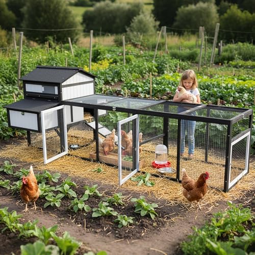 Ketive 116" Large Chicken Coop with Run, Wooden Hen House Outdoor Poultry Cage 28.41 ft² for 4–6 Chickens, 4 Nesting Boxes, 4 Perches, Easy-Clean Slide Out Tray, Expandable Backyard Coop - size: 116.0"L x 56.0"W x 44.0"H