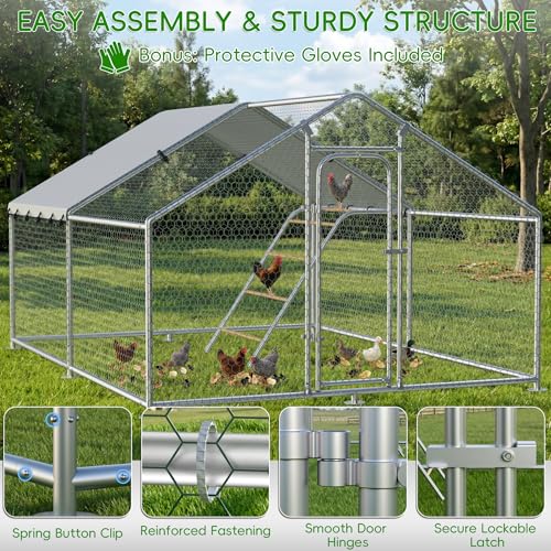 Large Metal Chicken Coop with Roosting Perch, Waterproof and UV-Resistant Cover,Outdoor Walk-in Cage Hen House for Yard Farm Rabbit Duck Chicken Run Spire Roof (10’ W x 13.2’ L x 6.4’ H)