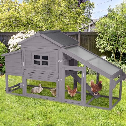 Mobile Chicken Coop with Wheels, Outdoor Hen House with Leak-Proof Tray, UV-Resistant Roof & Nesting Box for Chickens, Ducks, Rabbits (Grey) - color: Grey