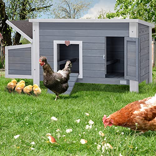 Petsfit Large Chicken Coop with Upgraded Perches, Wooden Outdoor Chicken Cage with Large Nesting Box, Weatherproof Open Asphalt Roof &Removable Bottom, Duck House, Rabbit Hutch - color: Grey