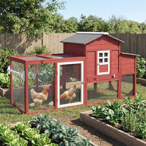 Ketive Chicken Coop with Run and Wheels, Outdoor Wooden Hen House with Nesting Box, Asphalt Roof, Removable Tray, Mobile Poultry Cage Rabbit Hutch Red - color: Red, size: 74.8"L x 22.1"W x 39.4"H