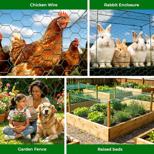 Green Chicken Wire for Floral Arrangements, Garden Fencing Netting | 15.7 x 394 in, PVC Coated, DIY Crafts, Poultry, Garden, Chicken Coop Wire, Rabbit Enclosure, w/Zip Ties Cutting Pliers Gloves - size: 15.7 x 394 inch