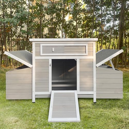 Chicken Coop, 58" Wooden Chicken Coop with 2 Sides Large Nesting Boxes for 4-6 Chickens, Poultry Hutch Rabbit Cage with No-Slip Ramp & Pull-Out Tray for Outdoor Farm Yard (White Grey) - color: White Grey