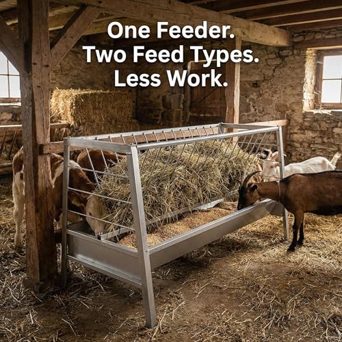 Stainless Steel Feeder with Galvanized Trough Hay Rack, 77 Gallon Capacity 60-Inch Length 2 in 1 Hay Feeder for Goats, Sheep and Ponies, Deeper Tray, 33.4-Inch Height for Farms, Sheep Sheds, Pastures
