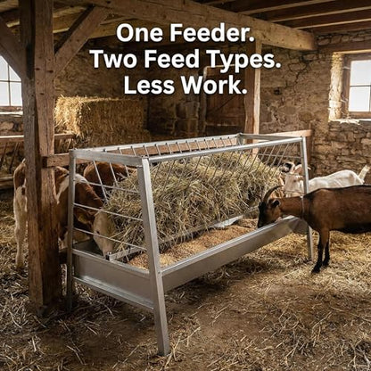 Stainless Steel Feeder with Galvanized Trough Hay Rack, 77 Gallon Capacity 60-Inch Length 2 in 1 Hay Feeder for Goats, Sheep and Ponies, Deeper Tray, 33.4-Inch Height for Farms, Sheep Sheds, Pastures