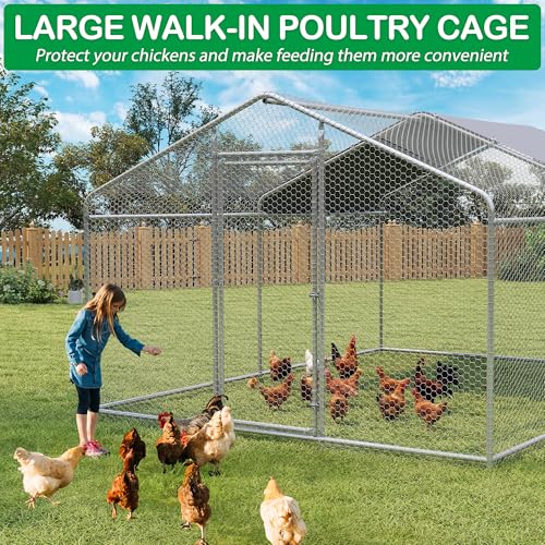Large Metal Chicken Coop, Walk-in Chicken Run Pen with Waterproof Cover, Spire Roof Poultry Cage Run for Outdoors, Backyard, Farm(9.7'Wx12.99'Lx6.4'H) - size: 13'Lx9.7'W