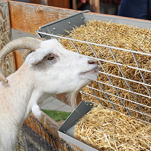 Wall Mount Hay Rack, Heavy-Duty Galvanized Metal 2 in 1 Hay and Grain Feeder, Livestock Feeder with Adjustable Distance, Hay Feeder for Goats, Sheep, Horse - color: Silver