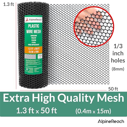 AlpineReach Plastic Wire Mesh 1.3ft x 50ft Fence Roll with Zip Ties - Ideal for Poultry, Dogs, Rabbit Barrier & Gardening, Durable Chicken Mesh, Versatile Rigid Fencing & Netting, Black (15.7" x 600") - size: 1.3ft x 50ft