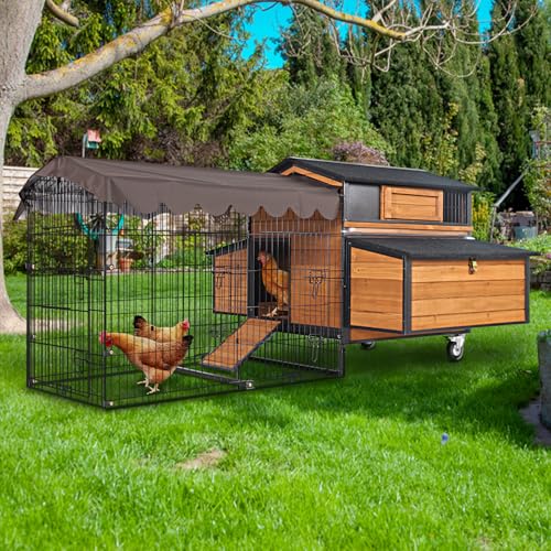 GUTINNEEN Mobile Chicken Coop with All-Around Metal Frame, 76.7" Large Chicken Coops with Super Large Wheels, Outdoor Poultry Cage Hen House with Metal Run for 6-8 Chickens - size: 76"L