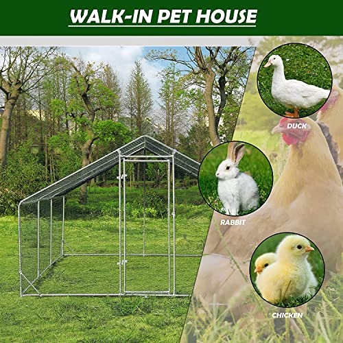 Large Metal Chicken Coop Run, Afqxf 19.5x9.8x6.4FT Outdoor Walk-in Poultry Cage Hen Playpen House with Waterproof Cover and Lockable Door for Patio Yard Farm - size: 19.5' L x 9.8' W x 6.4' H