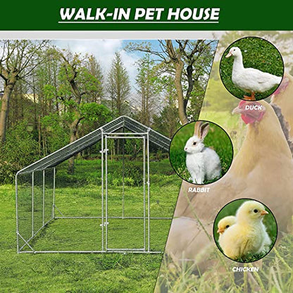 Large Metal Chicken Coop Run, Afqxf 19.5x9.8x6.4FT Outdoor Walk-in Poultry Cage Hen Playpen House with Waterproof Cover and Lockable Door for Patio Yard Farm - size: 19.5' L x 9.8' W x 6.4' H