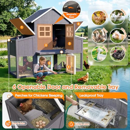 Large Chicken Coop for 6-10 Chickens, Outdoor Predator Proof Wooden Hen House Design with 2 Nesting Boxes and Weatherproof Roof, Easy to Clean Poultry Cage for Outsides