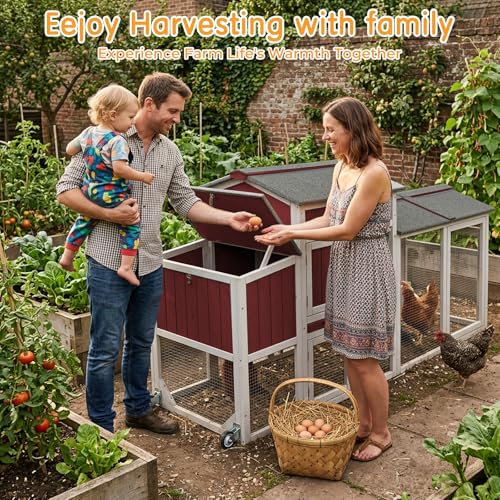 Chicken Coop with Run, Weatherproof Mobile Chicken Tractor Hen House with Wheels, Nesting Box, Roosting Bars, Pull-Out Tray, Asphalt Waterproof Roof & Fun Swing for Chickens Quails Red - color: Red