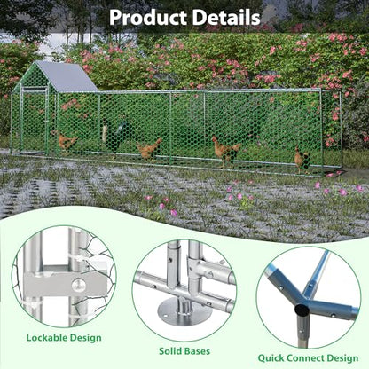 Large Metal Chicken Coop Run Outdoor Walk-in Poultry Cage with Waterproof Cover, Backyard Chicken House Hen Run with Lockable Door & PVC Coated Wire Mesh for Chickens Ducks Rabbits Geese